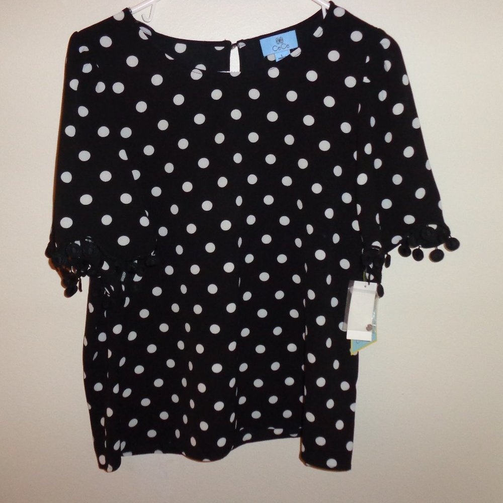CeCe Black White Dot Fringe Sleeve Fancy Top - Size L